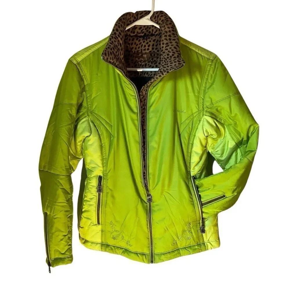 Sportalm Ski Jacket. Lime Green, Leopard Trim, Size 36/US 6